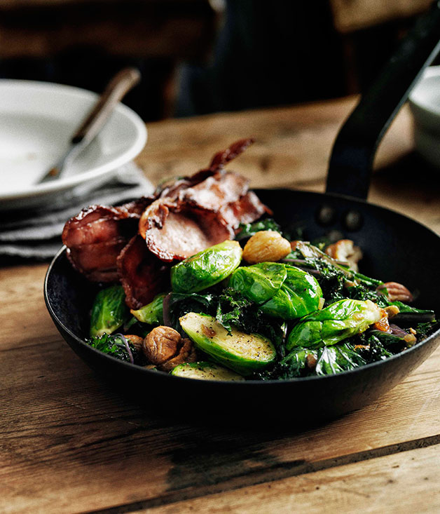 Saut 233 ed Brussels sprouts with curly kale bacon and chestnuts 