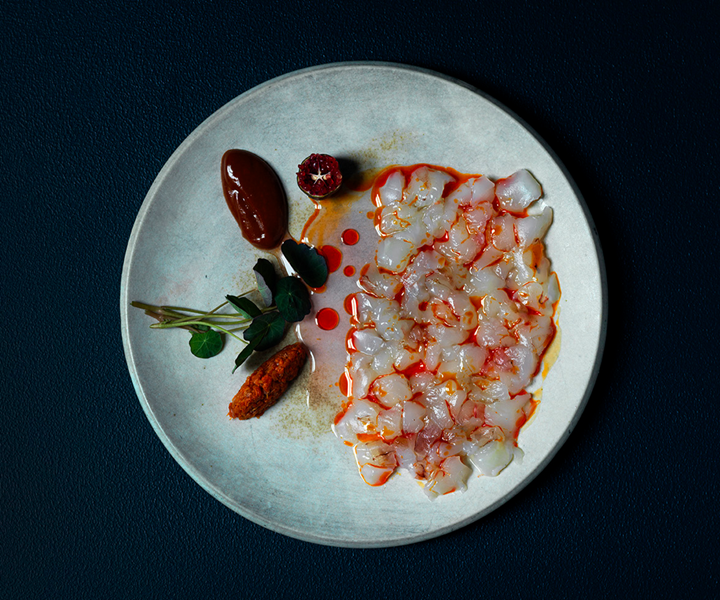 Prawn Crudo with nasturtium condiments and finger lime at Longshore.
