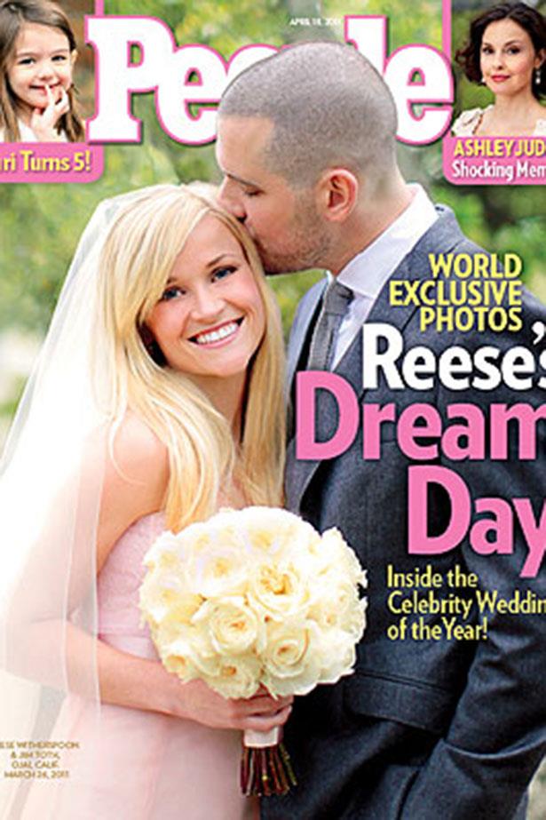 **Reese Witherspoon**<br><br>
While the *Legally Blonde* sweetheart's 2011 wedding to Jim Toth was very traditional in all other aspects, she went for something a little different with her soft pink Monique Lhuillier gown. Some questioned whether this was a conscious nod to the fact it was her second marriage, but we're thinking the girl probably just likes pink! </p>