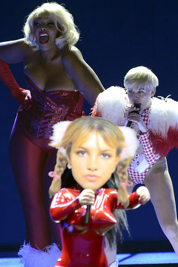<strong>And celebrity appearances. </strong> <br> <br> Sort of. At one point Miley performed a “tribute” to Monica Lewinsky with a dancer dressed as a bobbleheaded Bill Clinton and another time dancers rocked Britney Spears masks. In LA Wayne Coyne from the Flaming Lips jumped up to do a duet and Katy Perry was front row, so that counts.