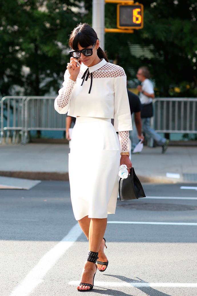 A classic cream top and skirt combo with a cowgirl chic collar at New York Fashion Week.