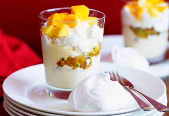 **Passionfruit mango parfait**
<br><br>
These old-style passionfruit mango parfaits will be a hit with young and old when you serve them up for dessert.
<br><br>
[**Read the full recipe here**](https://www.womensweeklyfood.com.au/recipes/passionfruit-mango-parfait-11529|target="_blank")

