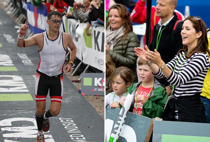Frederik crosses the finish line as Mary, Christian and Isabella cheer.