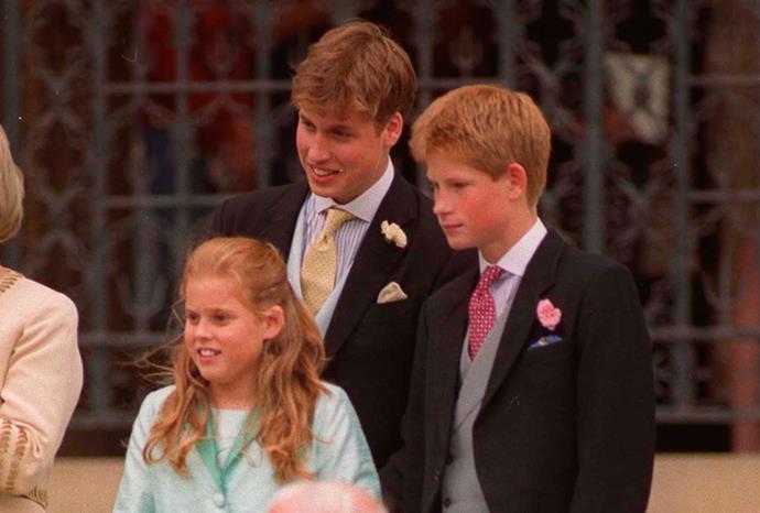 William, Harry and Beatrice attending Prince Edward's wedding in 1999.