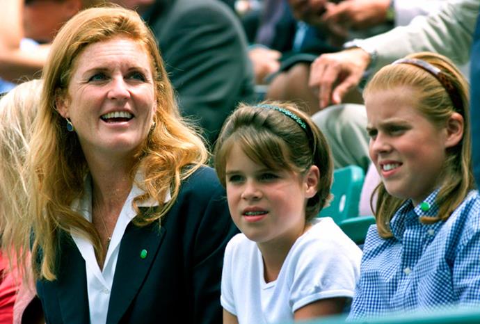 Fergie, Beatrice and Eugenie at a tennis match at Buckingham Palace in 2000.