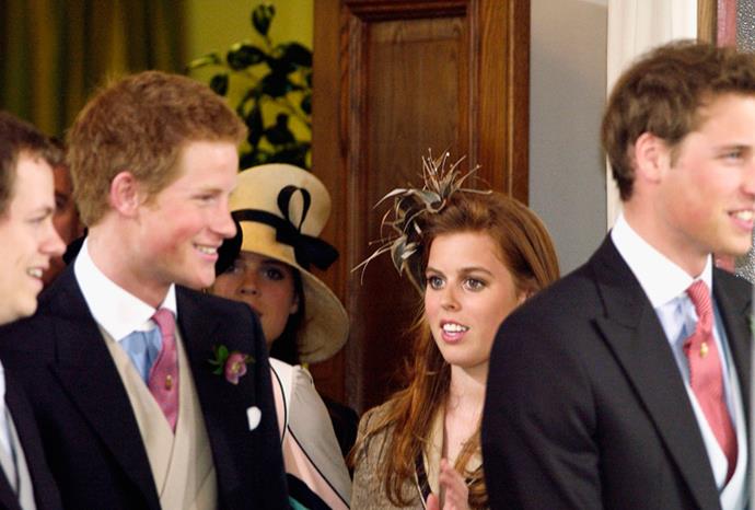 Beatrice with William and Harry at a wedding in 2005.