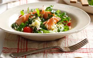 Poached salmon with asparagus, rocket and risoni salad