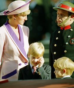 Princess Diana with Prince William, centre, and Prince Harry, outside London's St Paul's Cathedral in October 1990 where they paid tribute to the firefighters who saved London during the World War II blitz.