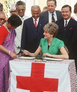 Seen here in her earlier days of humanitarian campaigning, Diana, Princess of Wales visits a Red Cross centre in Nepal in 1985.