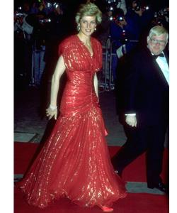 In a gown that is both elegant and bold, Diana, Princess of Wales, walks the red carpet in 1989.