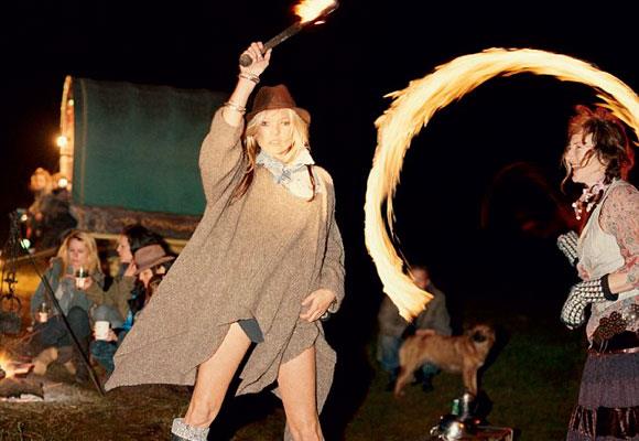 In the shoot for V magazine, Kate Moss lived with gypsies for the 2-day shoot in Cornwall, England.