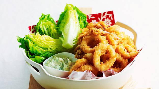 Crumbed squid with tartare sauce and salad