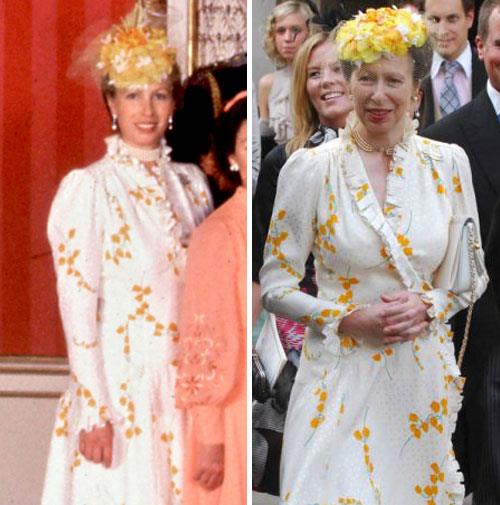 Princess Anne at Charles and Diana's 1981 wedding, and at another wedding in 2008.