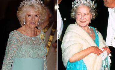 Royal hand-me-downs: Camilla wears the Queen Mother's jewels