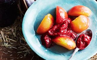 Poached peaches with quick raspberry sorbet