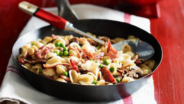 Orecchiette with mushrooms, peas and pancetta [Click here for the recipe](http://www.aww.com.au/food/recipes/2011/8/orecchiette-with-mushrooms,-peas-and-pancetta/)