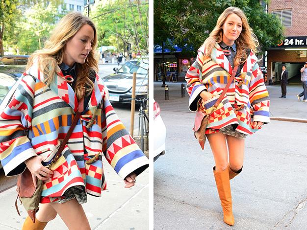 Blake kept her blossoming baby bump under wraps in this colourful Aztec style poncho and knee-high boots.