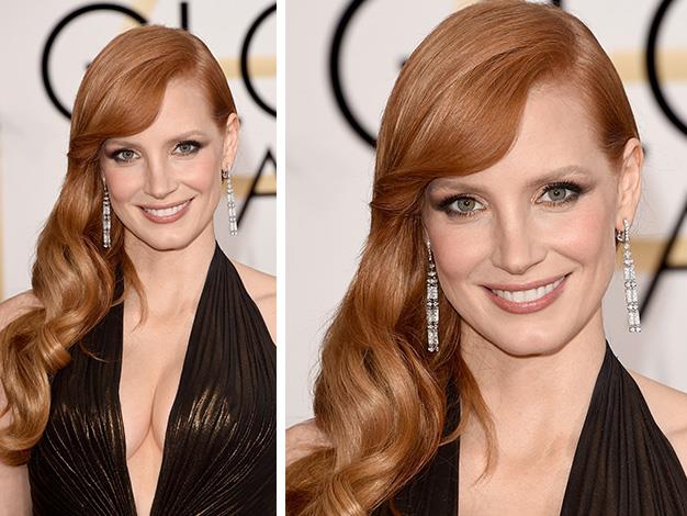 Actress Jessica Chastain looked gorgeous on the red carpet. The 37-year-old red-haired beauty combined peachy cheeks with metallic eyeshadow and thick black lashes. Extra points for the long curls.