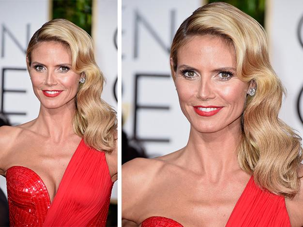 Supermodel Heidi Klum went all-red for the Golden Globes. A side wave, paired with a bold red lip matched her stunning Versace gown.