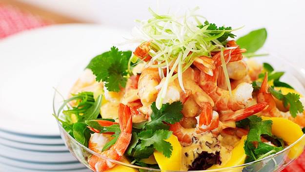 **Prawn and mango salad**
<br><br>
Cover all flavour bases with sweet mango, juicy prawns and a kick of heat from chilli and mustard. A vibrant feast for the eyes and the tastebuds.
<br><br>
[**Get the recipe here.**](https://www.womensweeklyfood.com.au/recipes/prawn-and-mango-salad-15838|target="_blank")