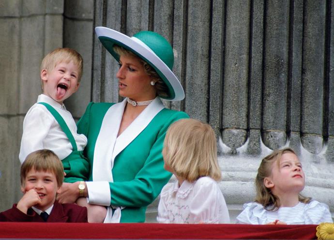 And again, Princess Diana donned green when she and her children, Prince William and [Prince Harry](http://www.nowtolove.com.au/royals/british-royal-family/prince-harry-plants-trees-with-kids-35960), watched Trooping The Colour on the balcony of Buckingham Palace in 1988.