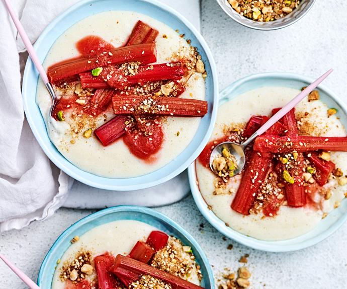 Creamy polenta porridge with roasted rhubarb & sweet dukkah