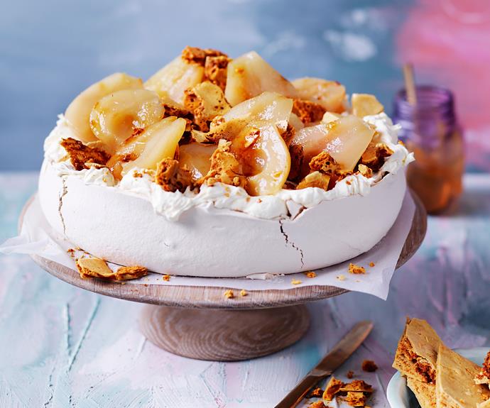 **[Brown sugar pavlova with moscato poached pears and honeycomb](https://www.womensweeklyfood.com.au/recipes/brown-sugar-pavlova-recipe-31007|target="_blank")**

A modern twist on a classic Australian dessert, this pavlova is made with brown sugar, and piled high with syrupy sweet toppings.