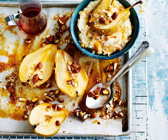 Coconut & quinoa flake porridge with maple baked pears