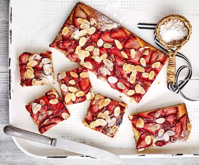 **[Strawberry & almond friand slice](https://www.womensweeklyfood.com.au/recipes/strawberry-and-almond-friand-slice-6030|target="_blank")**

This strawberry slice recipe is baked on a tender, sweet base and topped with delicious flaked almonds for a delightful afternoon tea treat.
