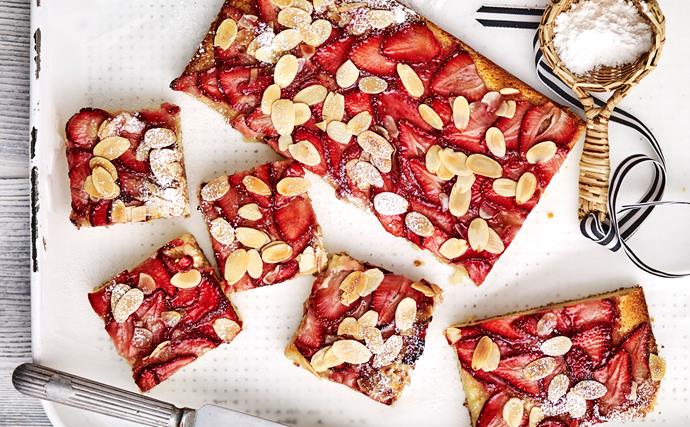 strawberry and almond friand slice