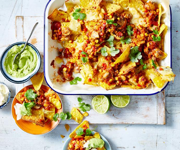 This delicious [vegetarian nachos](https://www.womensweeklyfood.com.au/recipes/vegetarian-nachos-recipe-15081|target="_blank") is loaded with red beans, mushrooms, corn and capsicum for a fully-loaded and delicious feed.