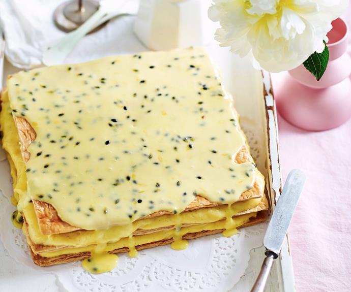 Sheets of puff pastry are layered with delicious vanilla custard in this supersized [vanilla slice recipe](https://www.womensweeklyfood.com.au/recipes/vanilla-slice-15024|target="_blank").