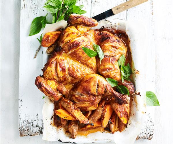 **[Red curry coconut chicken with sweet potato](https://www.womensweeklyfood.com.au/recipes/red-curry-coconut-chicken-31287|target="_blank")**

Roast your chicken and sweet potatoes with red curry paste and coconut milk for an interesting twist on roast chicken and potatoes.