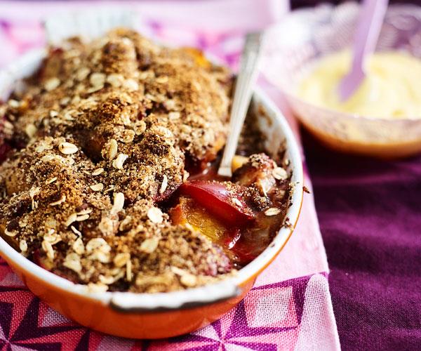 Plum and apricot chocolate crumble