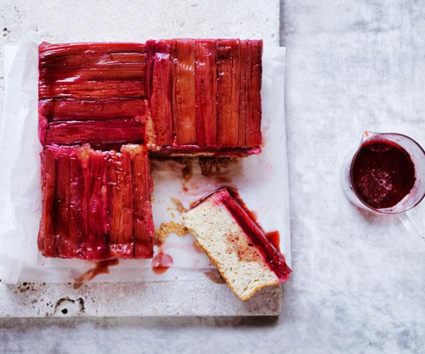 Ginger-spiced rhubarb gives this upside-down cake its vibrant red colour and a beautiful tart flavour that balances nicely with the delicate hazelnut cake.
