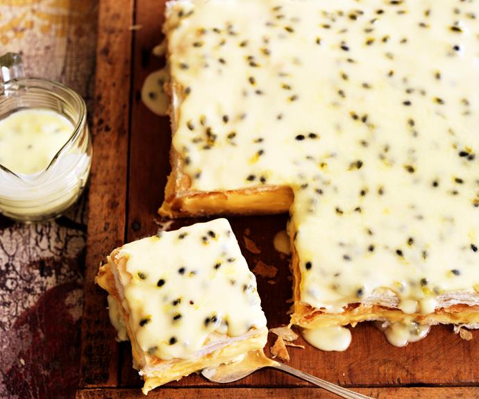 Dotted with tell-tale passionfruit seeds, this classic [vanilla slice recipe](https://www.womensweeklyfood.com.au/recipes/vanilla-slice-19370|target="_blank") is a true Aussie icon. Be prepared to lose your dignity at any attempt eat with a fork.