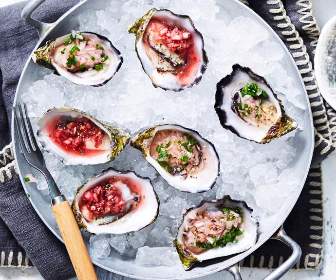 Oysters with pink and green mignonette dressings