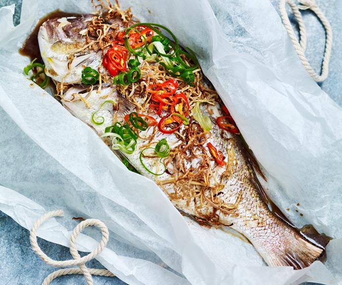 STEAMED FISH WITH GINGER and Green Onion Salad