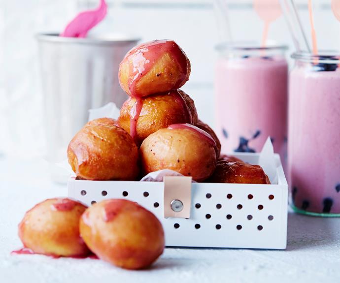 **[Doughnut balls with blueberry glaze](https://www.womensweeklyfood.com.au/recipes/doughnut-balls-with-blueberry-glaze-31495|target="_blank")**

Can dessert get any better than balls of fried dough, drizzled with a tangy blueberry glaze?