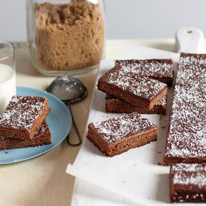 This decadent [chocolate and coconut slice](https://www.womensweeklyfood.com.au/recipes/chewy-chocolate-slice-13769|target="_blank") is deliciously chewy and sweet, making it the perfect companion for your morning or afternoon cuppa.