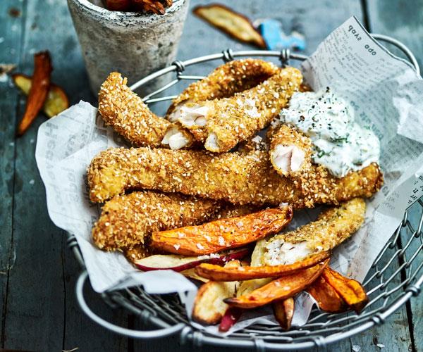 **[Baked fish & chips with yoghurt tartare](https://www.womensweeklyfood.com.au/recipes/baked-fish-and-chips-with-yoghurt-tartare-31563|target="_blank")**

Why get takeaway when you can make fish and chips yourself? This baked version with yoghurt tartare sauce means they're lower in fat than takeaway, too.