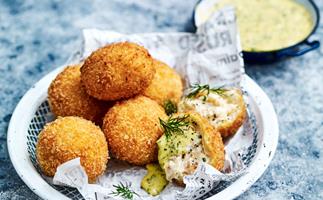Trout croquettes with herby dipping sauce