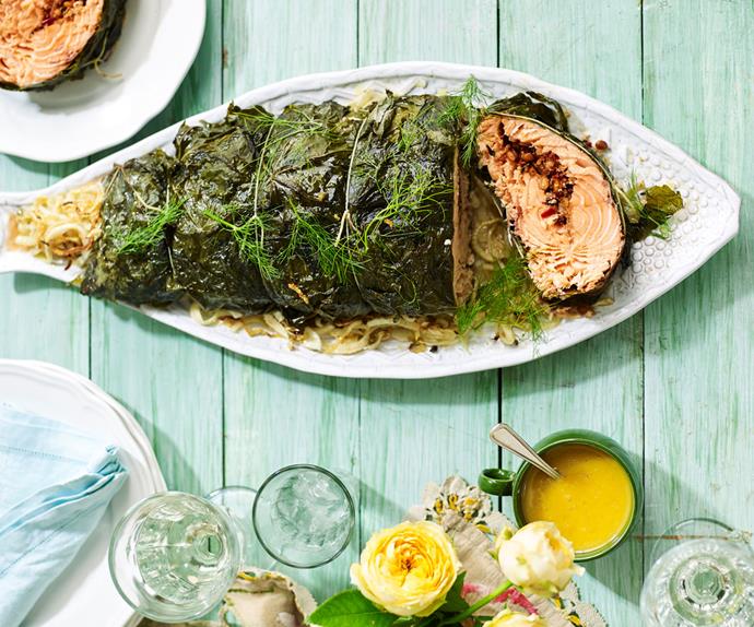 Maggie Beer's baked salmon wrapped in vine leaves