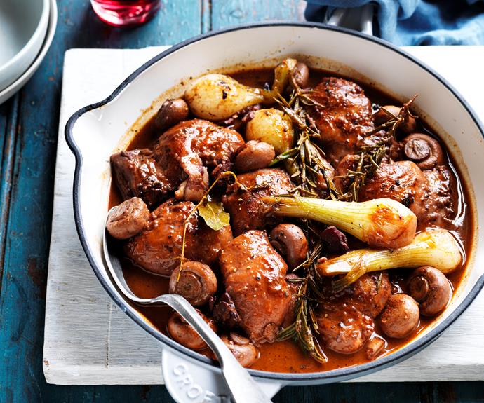 **[Coq au vin](https://www.womensweeklyfood.com.au/recipes/coq-au-vin-recipe-12182|target="_blank")**

Richly flavoured with bacon, mushroom, garlic, and wine - this authentic French stew is a classic winter warmer.
