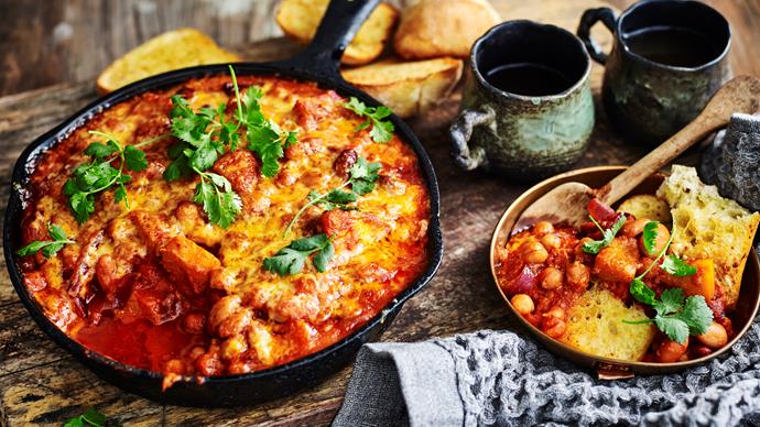 Cheesy smoked baked beans with pumpkin