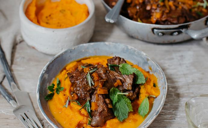 Braised beef cheeks with minted carrot puree