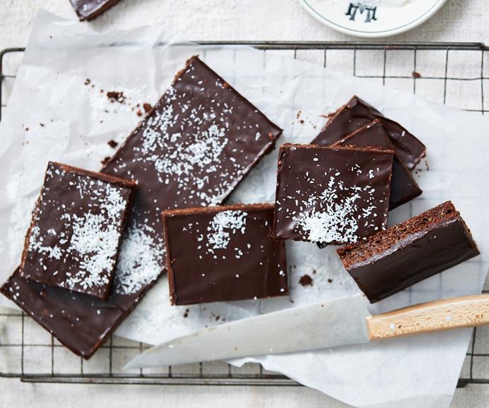 This [decadent chocolate and coconut slice](https://www.womensweeklyfood.com.au/recipes/chewy-chocolate-slice-13769|target="_blank") is deliciously chewy and sweet, making it the perfect companion for your morning or afternoon cuppa.