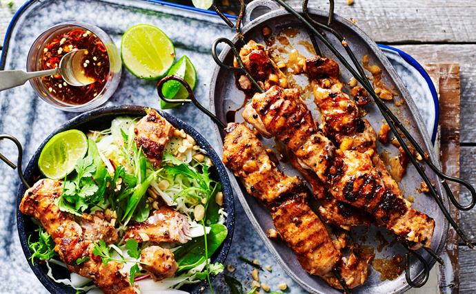chicken satay skewers with crunchy salad