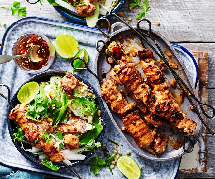 chicken satay skewers with crunchy salad