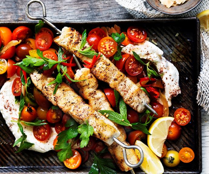 **[Fish skewers with labne & chilli tomato salad](https://www.womensweeklyfood.com.au/recipes/fish-skewers-with-labne-32063|target="_blank")**

Everything takes better on a stick!